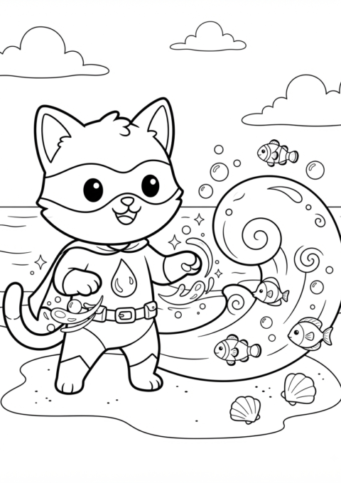 Water Hero Kitten Coloring Page