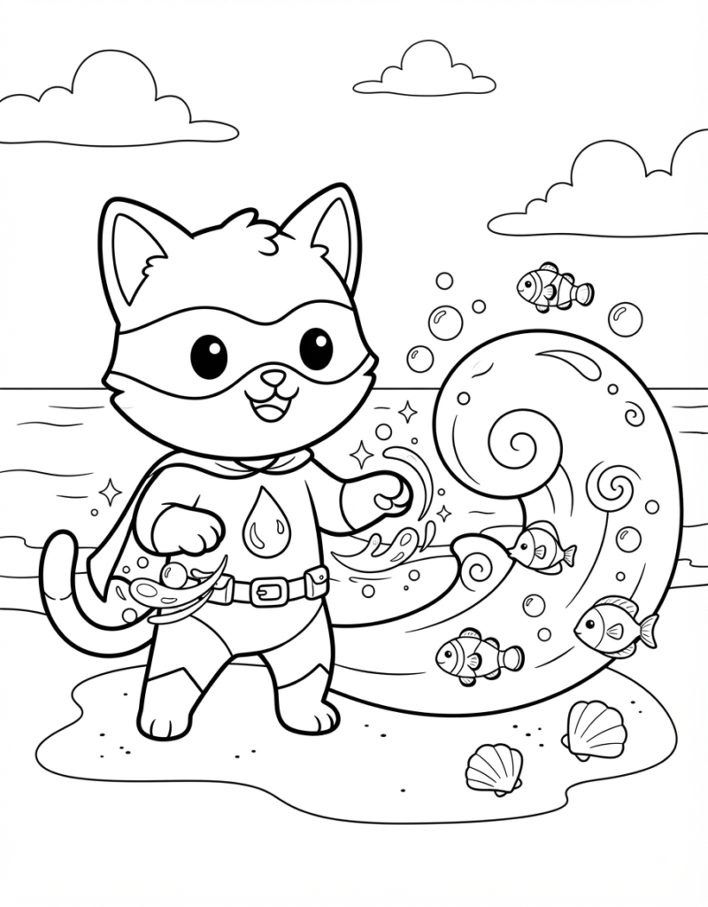 Coloring page of a superhero kitten with a water droplet emblem summoning a swirling wave full of clownfish at the beach
