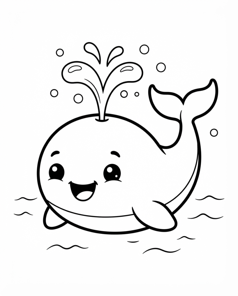 Whale coloring page with a smiling whale spouting water