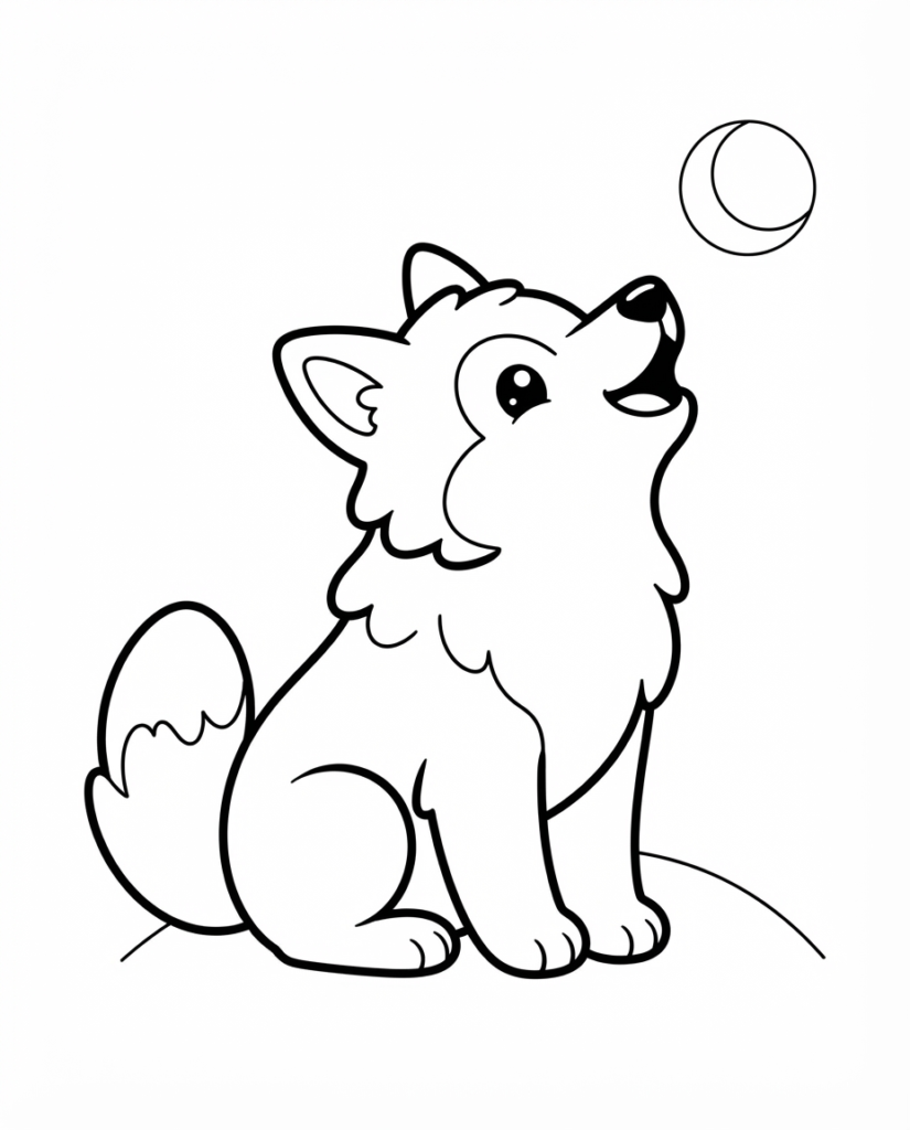 Wolf coloring page with a wolf pup sitting and howling under the moon