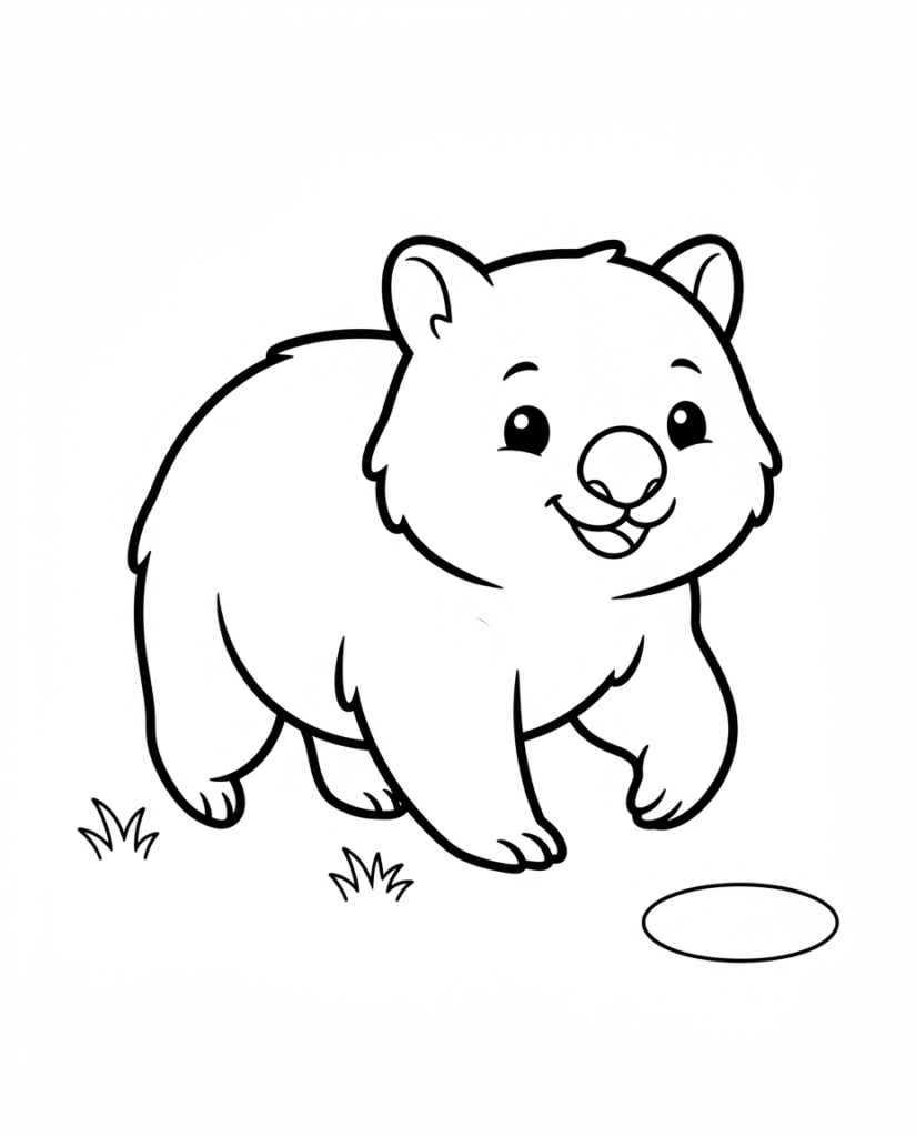 Wombat coloring page with a round wombat standing in the grass